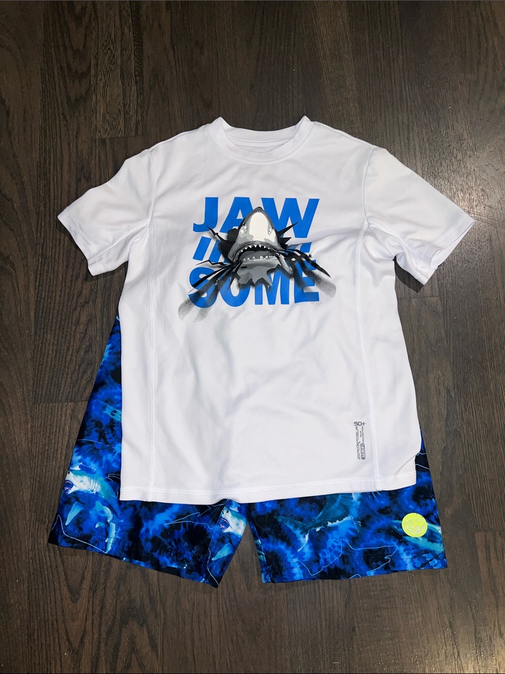 White 'Jaw-some' Shark Graphic Tee with Blue Swim Trunks Size 10-12